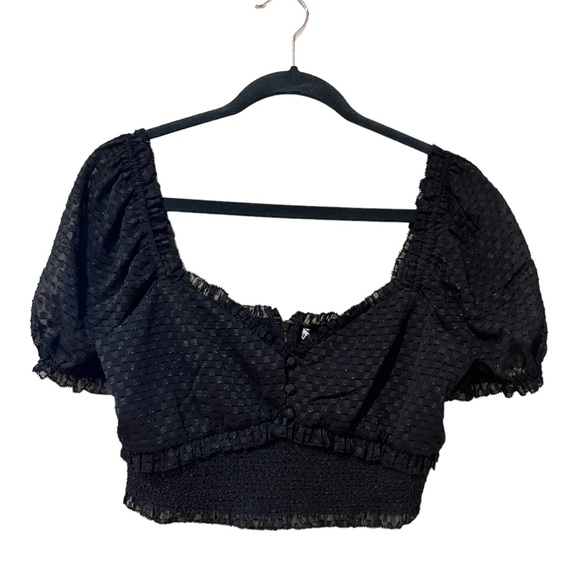 Alice + Olivia Rianna Puff Sleeve Smocked Crop Top in Black (L) - Picture 6 of 13